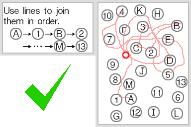 Brain Age: Train Your Brain in Minutes a Day! (Nintendo DS) screenshot: Connecting letters and numbers in a correct order without touching wrong ones.