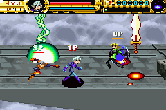 Advance Guardian Heroes (Game Boy Advance) screenshot: A little mess in the three player battle. The second player is gone.