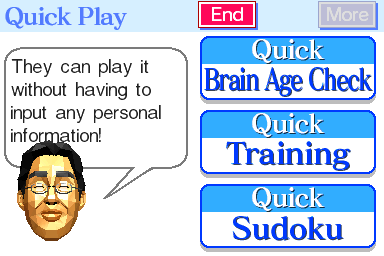 Brain Age: Train Your Brain in Minutes a Day! (Nintendo DS) screenshot: Quick play menu.