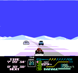 Famicom Grand Prix II: 3D Hot Rally (NES) screenshot: Good thing we've got heated seats!