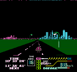 Famicom Grand Prix II: 3D Hot Rally (NES) screenshot: Driving down a city highway at night underneath some sinister looking lights.