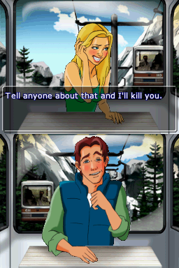 Sprung (Nintendo DS) screenshot: A practice kiss on the ski-lift. Shameful, apparently.