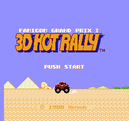 Famicom Grand Prix II: 3D Hot Rally (NES) screenshot: Title screen featuring desert backdrop.