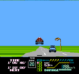 Famicom Grand Prix II: 3D Hot Rally (NES) screenshot: Catching some rad air!