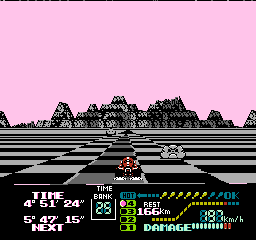Famicom Grand Prix II: 3D Hot Rally (NES) screenshot: Racing by some grumpy looking rocks in the badlands.