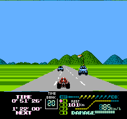 Famicom Grand Prix II: 3D Hot Rally (NES) screenshot: The race begins in a grassy area.
