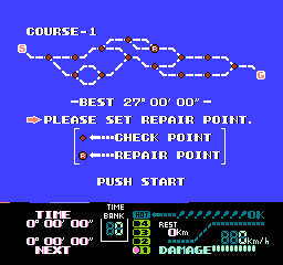 Famicom Grand Prix II: 3D Hot Rally (NES) screenshot: Placing my repair point. It's important to remember where it is.