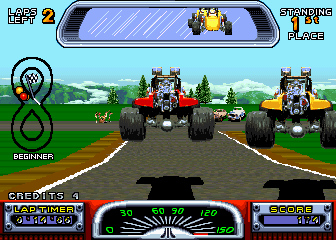 Road Riot 4WD (Arcade) screenshot: Jumping past the other driver.
