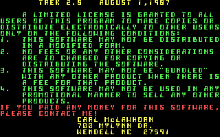 Trek (DOS) screenshot: Author's note (v2.8)