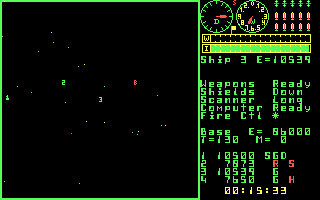 Trek (DOS) screenshot: Ships 2 and 3 on the long-range scanner, en route to the enemy base for retaliation...