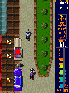 Rally Bike (Arcade) screenshot: Watch the cars.