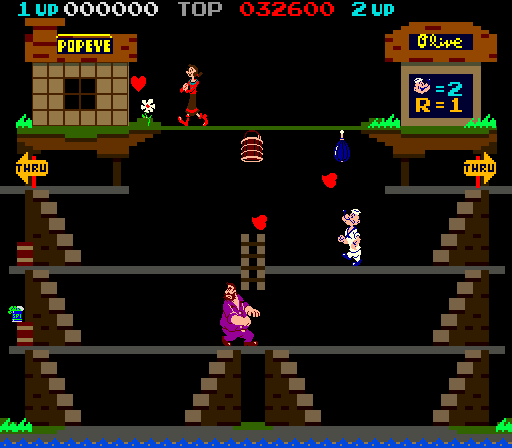 Popeye (Arcade) screenshot: Catch the hearts.