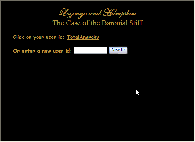 Lozenge and Hampshire: The Case of the Baronial Stiff (Browser) screenshot: Title screen.