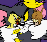 Tom and Jerry in Mouse Attacks! (Game Boy Color) screenshot: Duckling: Next time when you try to rescue anyone, make less noise Jerry. Now how to escape this cat's paw? (cutscene)