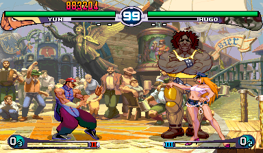 Street Fighter III: 2nd Impact - Giant Attack (Arcade) screenshot: Hugo's stage with the man himself, his manager Poison, and his opponent, Yun.