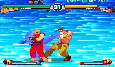 Street Fighter III: 2nd Impact - Giant Attack (Arcade) screenshot: Ken performing a Super Art - the background disappears.