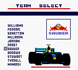 F-1 World Grand Prix (Game Boy Color) screenshot: Team selecting. I'm picking this one; if you squint the front of the car looks like a cobra :D