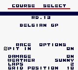 F-1 World Grand Prix (Game Boy Color) screenshot: More options to fiddle with.