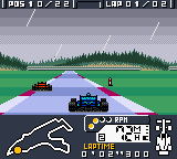 F-1 World Grand Prix (Game Boy Color) screenshot: The rain in Spain falls mainly on the butane. Holds true in Belgium as well. :)