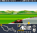 F-1 World Grand Prix (Game Boy Color) screenshot: A yellow arrow indicates where a car is behind you.