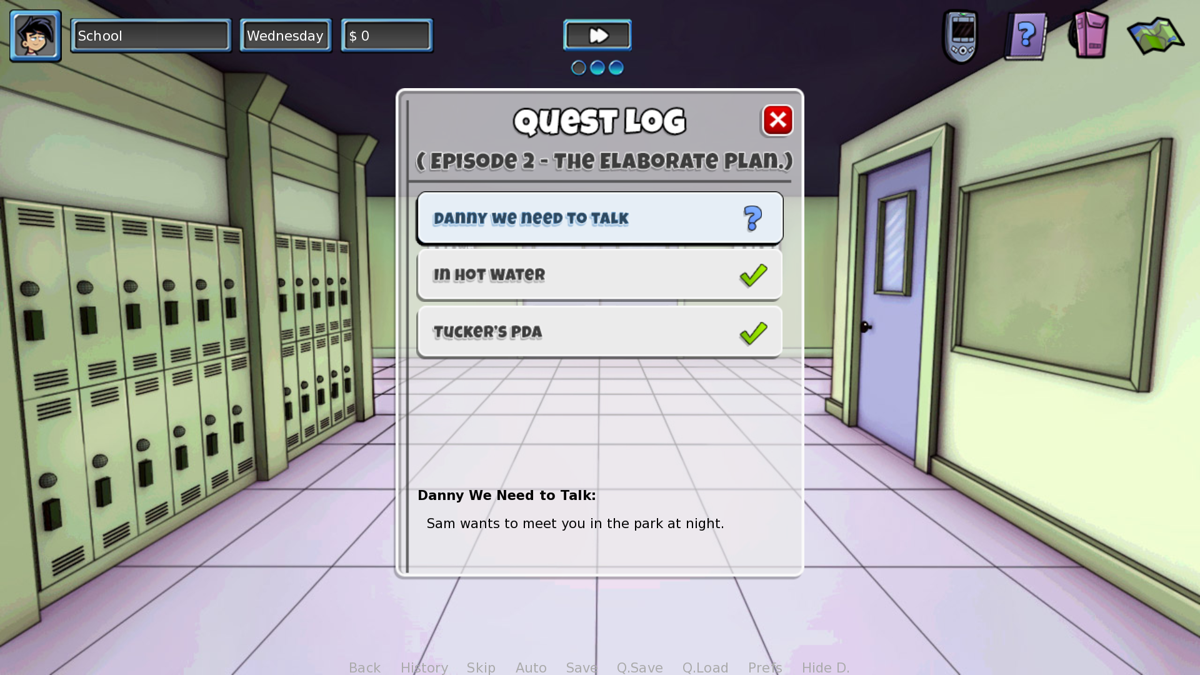 Amity Park (Windows) screenshot: The quest log, seems that Sam wants to meet up with me in the park at night