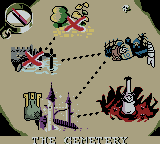 Toonsylvania (Game Boy Color) screenshot: The map, two areas cleared.