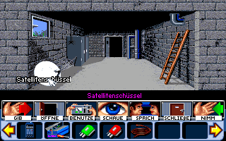 Das Telekommando kehrt zurück (Amiga) screenshot: In the cellar, you find a ladder and a satellite dish.