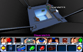Das Telekommando kehrt zurück (Amiga) screenshot: With the ladder and your trusty tool kit, you can mend the lift.