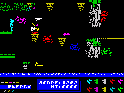 Dynamite Dan (ZX Spectrum) screenshot: Birds and spiders