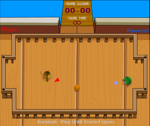 Deckball (Browser) screenshot: A match in progress. Player vs. CPU in Survival mode.