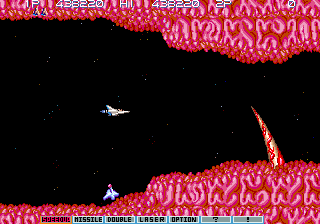 Gradius III (Arcade) screenshot: Hidden Stage 2: Salamander Stage 1 "Multiplying Cells"/"Bionic Germ"