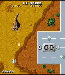 Terra Cresta (Arcade) screenshot: Godzilla? Firebreathing T-Rex?