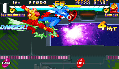 Marvel Super Heroes (Arcade) screenshot: Kicked high in the air.