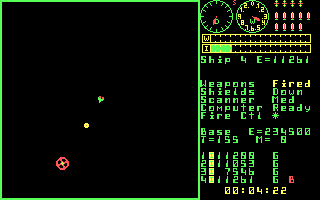 Trek (DOS) screenshot: Ship 4 attacks the enemy base...
