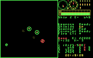 Trek (DOS) screenshot: ...both ships get harassed by Space Hums (disturbances that cripple the weapons systems).