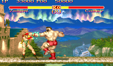 Super Street Fighter II (Arcade) screenshot: Cammy tries to defend herself