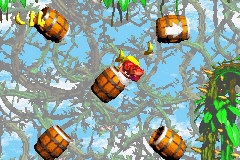 Donkey Kong Country 2: Diddy's Kong Quest (Game Boy Advance) screenshot: Bramble Blast level: Blasting in the barrels.
