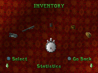 Tomb Raider II (PlayStation) screenshot: Inventory screen: you can see the game statistics, weapons and other items that you have collected.