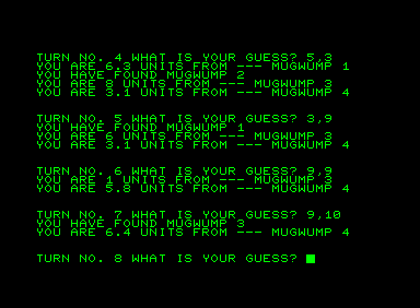 Mugwump (Commodore PET/CBM) screenshot: Found 3 Mugwumps in a row