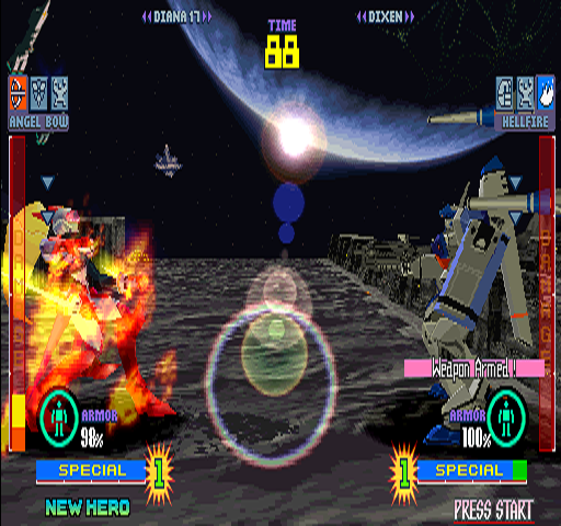 Tech Romancer (Arcade) screenshot: Flames in space