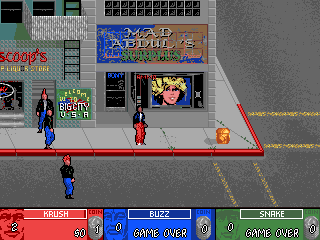 Brute Force (Arcade) screenshot: Outside a shop.