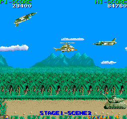Cobra Command (Arcade) screenshot: Planes and tanks.