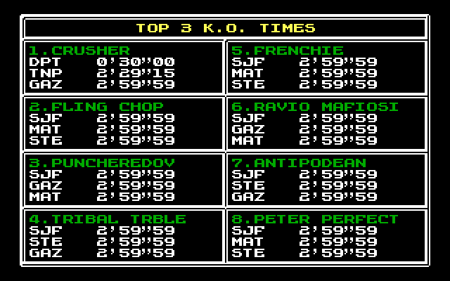 Frank Bruno's Boxing (DOS) screenshot: Top KO times (Amstrad PC1512)