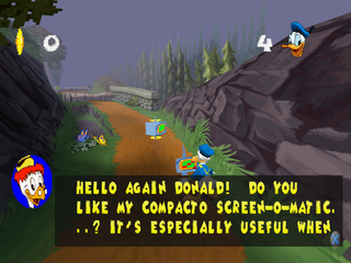 Disney's Donald Duck: Goin' Quackers (PlayStation) screenshot: Gyro gives instructions about the game through the television screens.