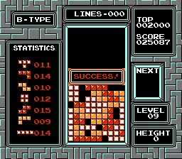 Tetris (NES) screenshot: Put the best record using only 25 lines in Tetris B-TYPE Mode: you did it!
