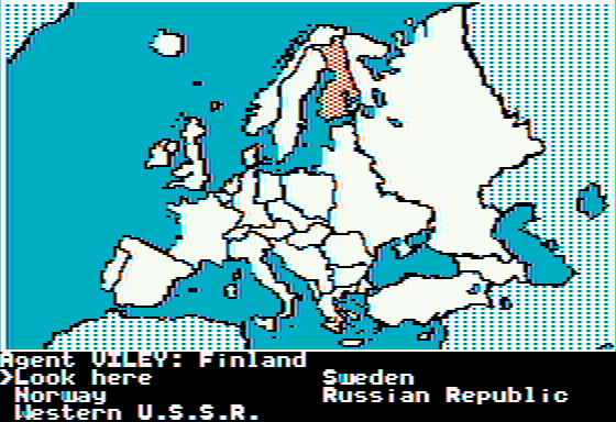 The Spy's Adventures in Europe (Apple II) screenshot: Your travel map (double hi-res)
