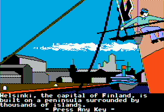 The Spy's Adventures in Europe (Apple II) screenshot: Wandering around Helsinki (double hi-res)