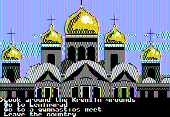 The Spy's Adventures in Europe (Apple II) screenshot: A few things to do around Moscow (double hi-res)