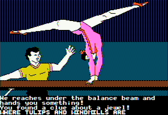 The Spy's Adventures in Europe (Apple II) screenshot: Pestering this Soviet olympic trainer paid off (double hi-res)