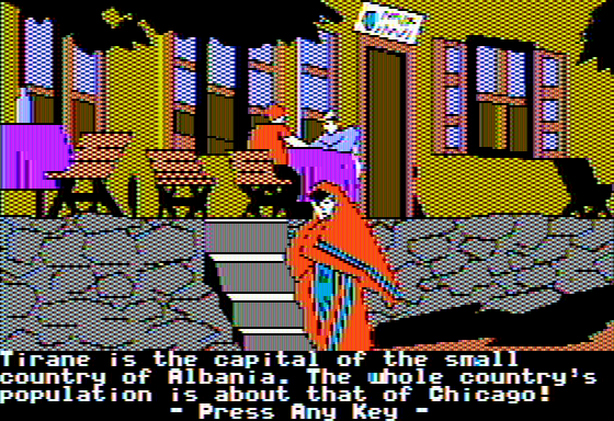 The Spy's Adventures in Europe (Apple II) screenshot: Having some coffee in Tirane (double hi-res)